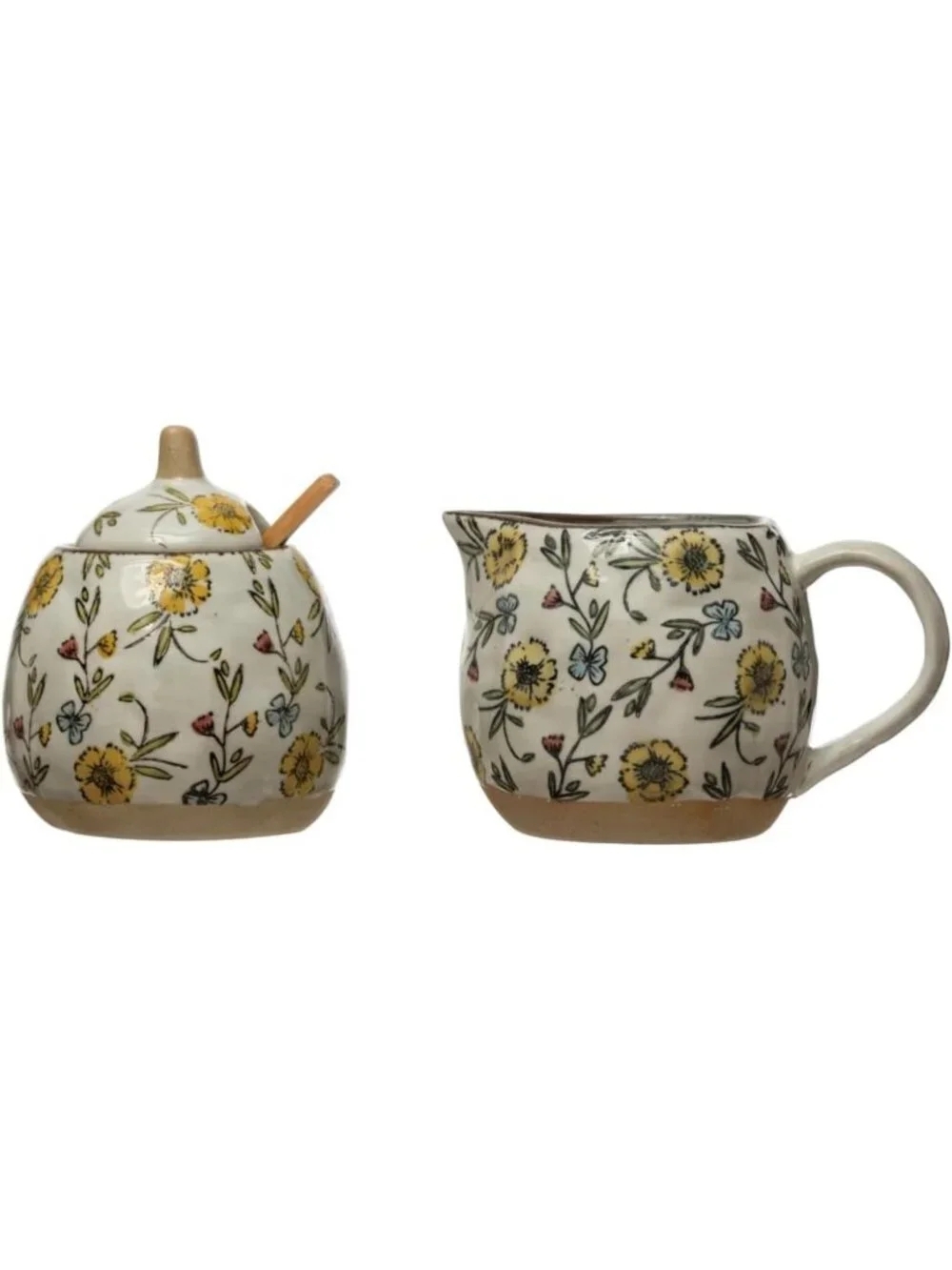 Hand-Painted Stoneware Sugar Pot & Creamer Set with Lid & Bamboo Spoon